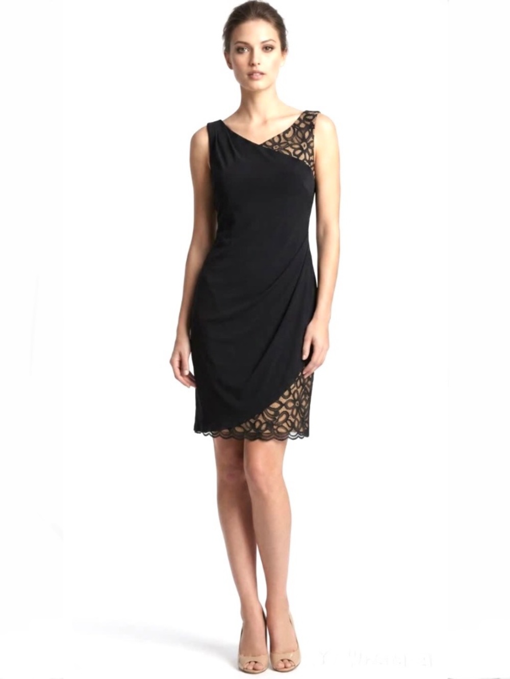 SL FASHIONS Black Champagne Gold lace cocktail evening sheath dress 8 NWT